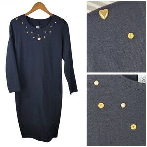 Vintage NEW 90s Sweater Dress size 14 Knit Party Career Embellished Black